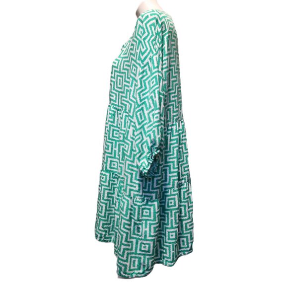 Ruby Rd. dress Women's XL Green white trellis print Split neck 3/4 puff sleeves - Picture 11 of 16